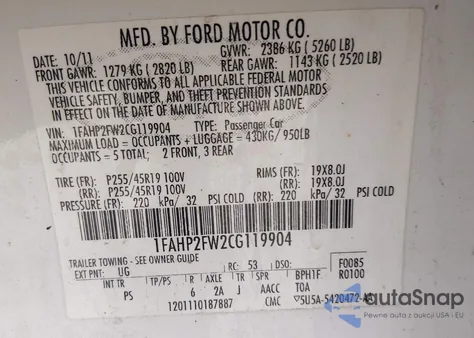 2012 Ford Taurus Limited z USA, uszkodzony, nr VIN 1FAHP2FW2CG119904